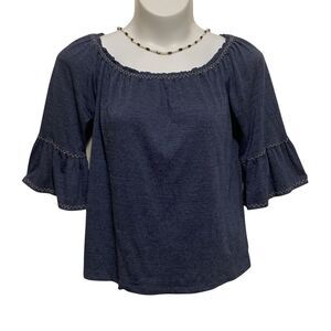 Max Studio Off-Shoulder Top Womens Size Large Blue 3/4 Bell Sleeve Knit